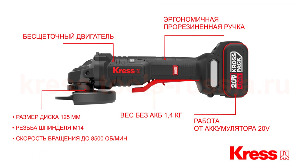 Угловая шлифмашина (болгарка) KRESS KUH04 20V 125мм бесщеточная аккумуляторная